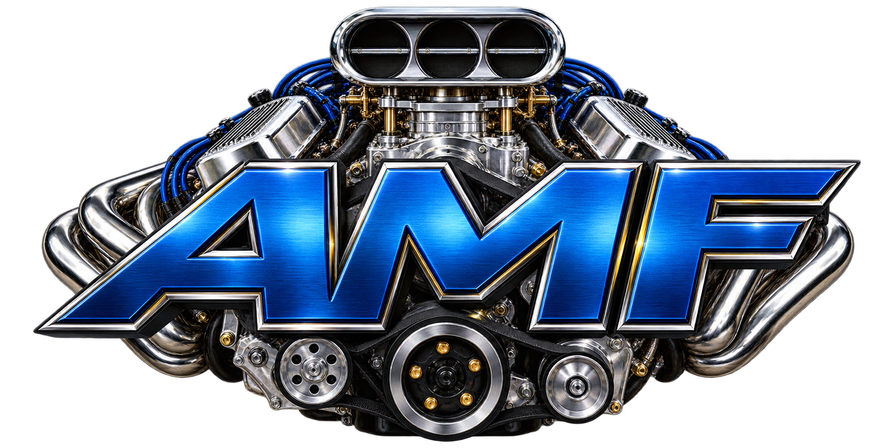 AMF logo with a realistic high-performance engine